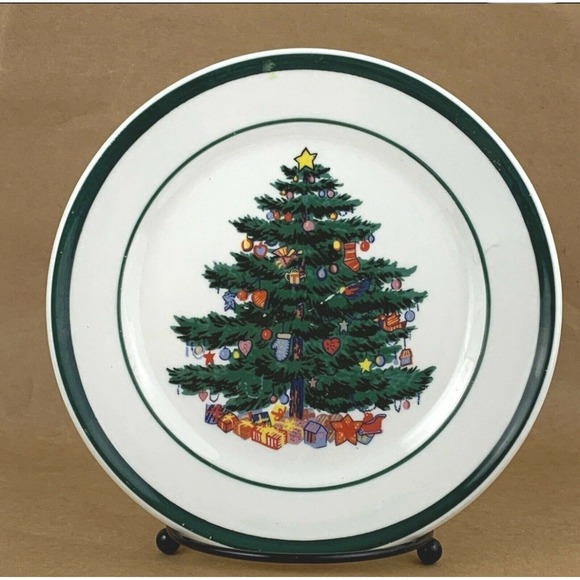 Christmas Tree Plates and Bowls Set Holiday Dinnerware Green Trim Totally Today - Picture 5 of 11